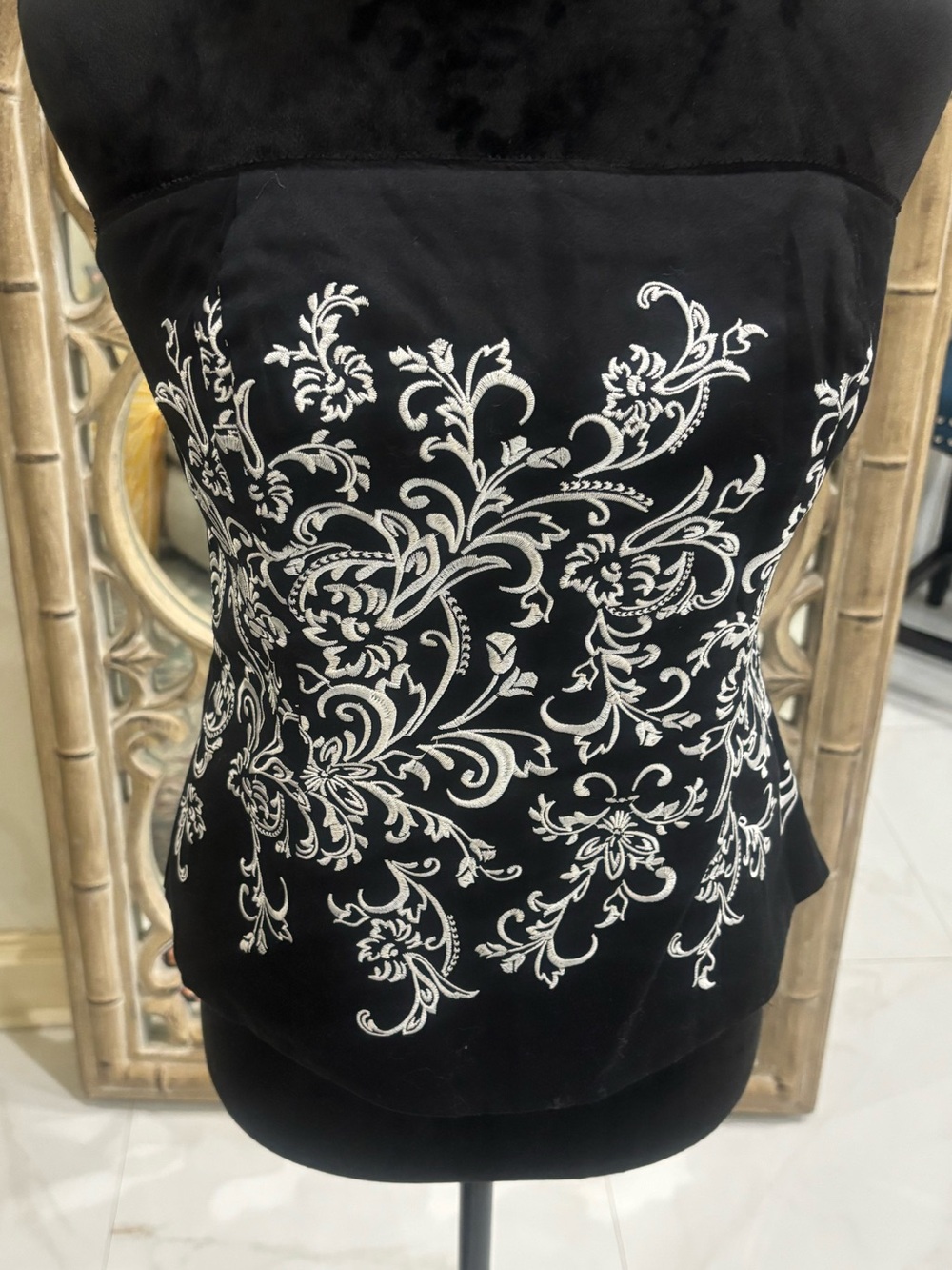 White House Black Market Black Strapless Peplum Top with White Floral Embroidery